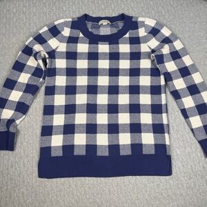 LOFT Navy and White Buffalo Check Crewneck Sweater
